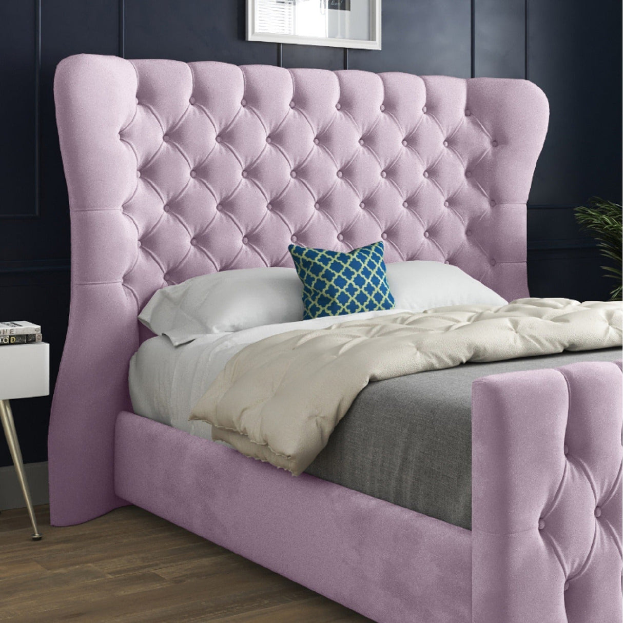 Wingback Wide Curved Upholstered Soft Velvet Fabric Button Bed Frame (Pink)